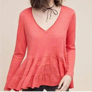 Anthropologie Deletta XS Long Sleeve Thea Peplum Ruffle Shirt Top Tiered V Neck